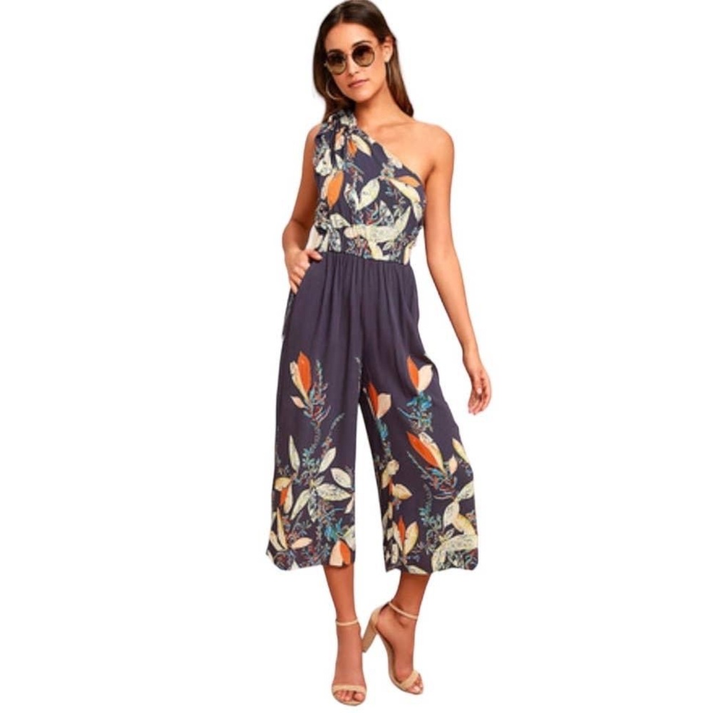 Free People Island Time One Shoulder Blue Floral Wide Leg Jumpsuit Size Medium